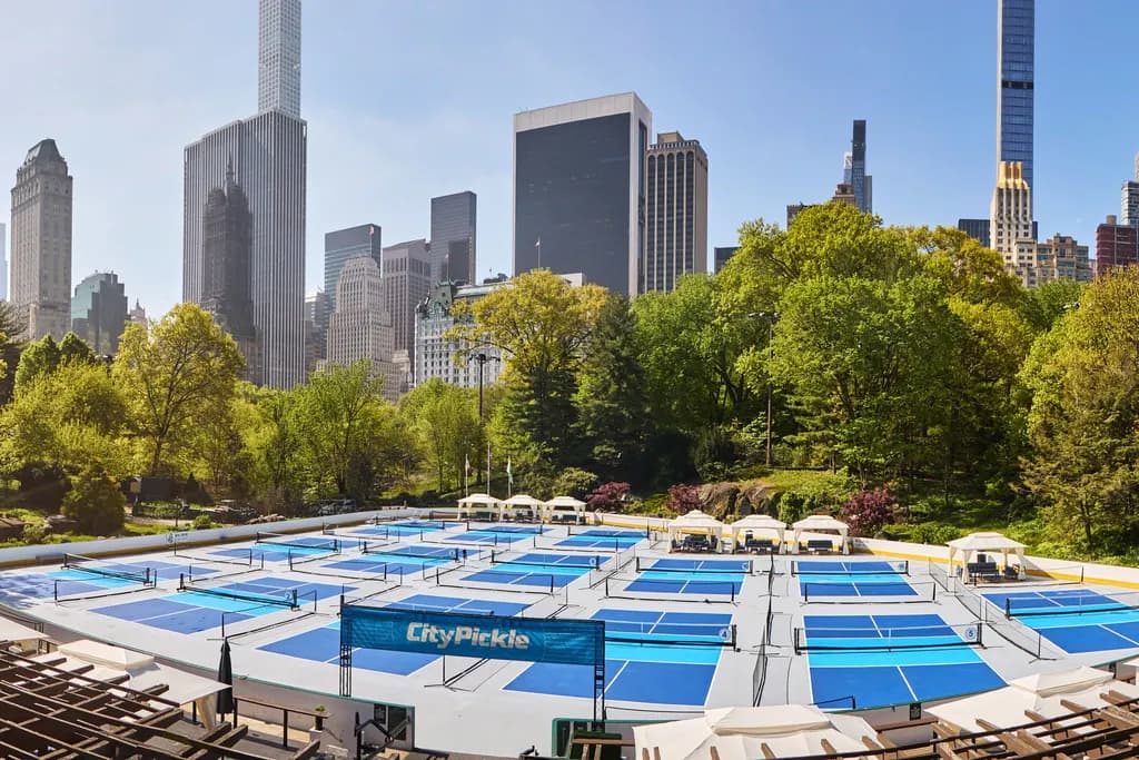 an aerial view of a pickleball court with the new york city skyline behind it