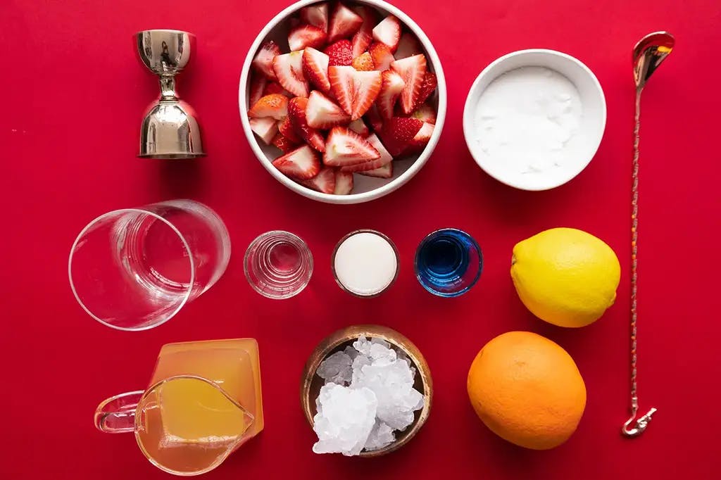 a top view of a bunch of ingredients for making drinks
