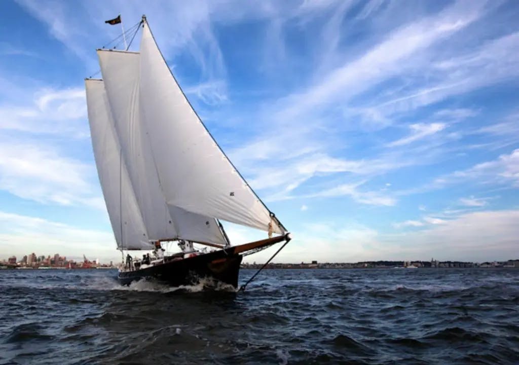 a sail boat on the water with the city in the background
