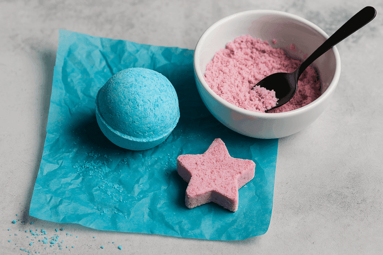 Pink star and blue round bath bombs on turquoise paper, with a bowl of pink bath bomb mixture and black spoon.