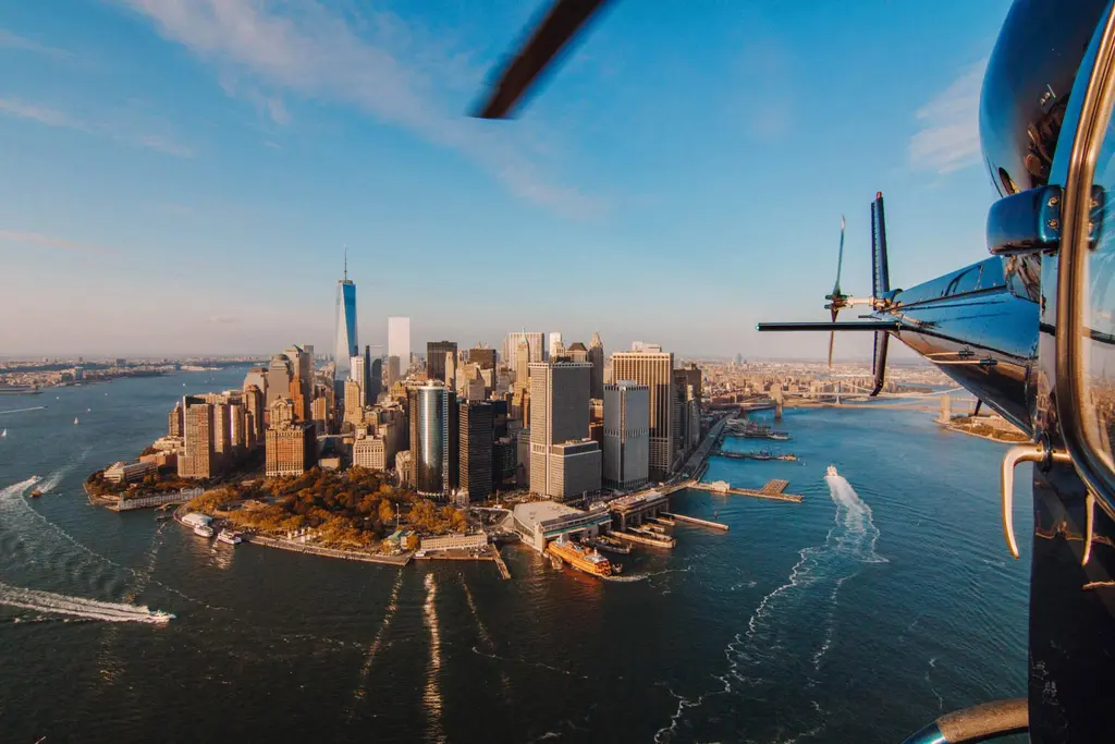 a view of new york city from a helicopter