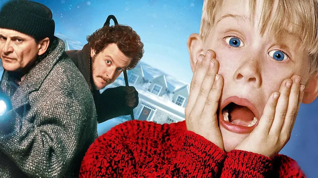 Iconic characters from the movie Home Alone with the shocked face of the lead character in the foreground.