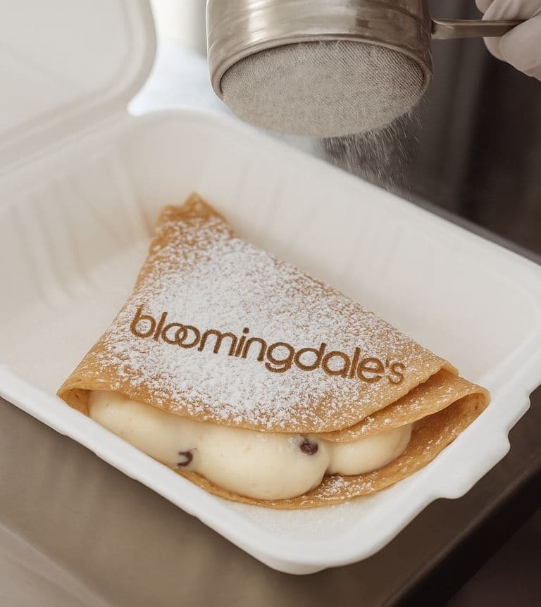 Close-up of a freshly made crepe filled with cream and dusted with powdered sugar, featuring the Bloomingdale’s logo printed on top, being prepared in a takeout container.