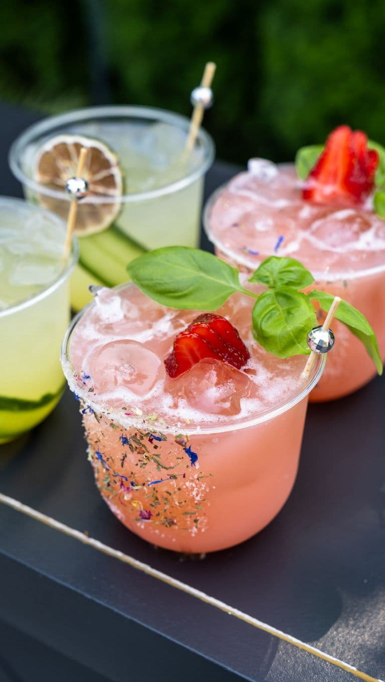Close-up of vibrant pink cocktails garnished with fresh strawberries and basil, served in clear cups with colorful, herb-rimmed edges, set on a sleek dark bar surface.